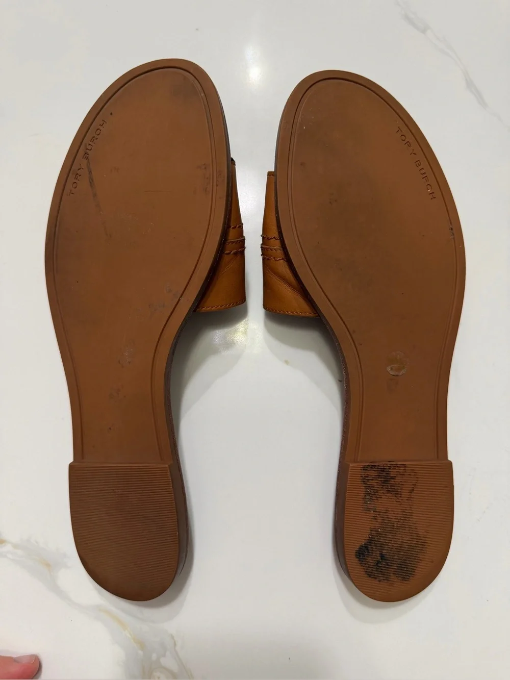 Tory Burch Brown Leather Slide Mules with Gold Logo Accent